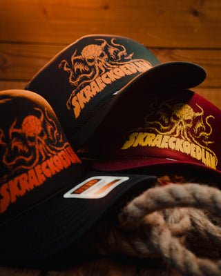 trucker caps for stoner rock band skraeckoedlan by mangobeard
